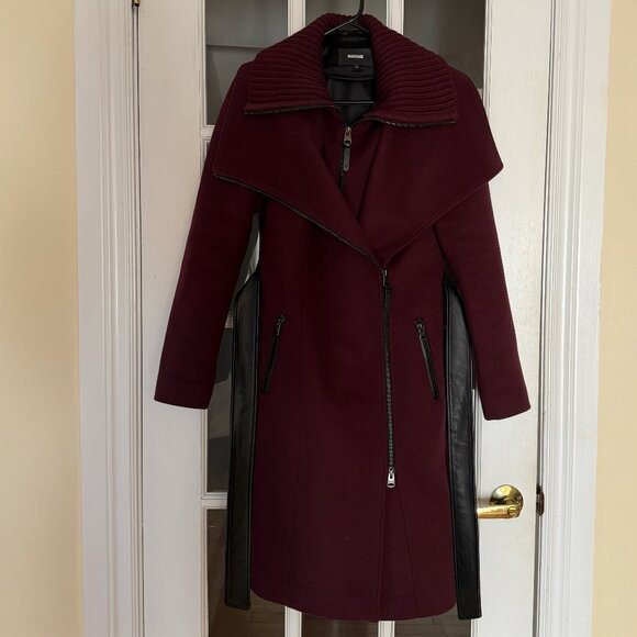 Mackage Nori Wool Coat with Leather Belt, Size S, Wine/Burgundy - Picture 2 of 6